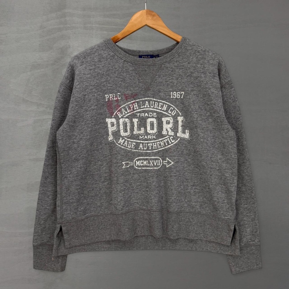 Polo Ralph Lauren Sweatshirt Gray Graphic Logo Fleece Side Slit Women's Medium